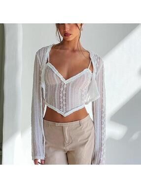 Tiger Mist Sopha white lacey sheer cropped tank top